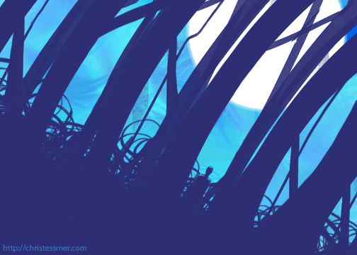 deep in a moonlit forest, amidst the silhouettes of tree trunks and bramble, a lone figure watches you.