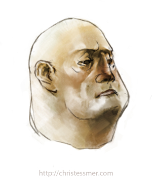 The head of a heavyset bald man